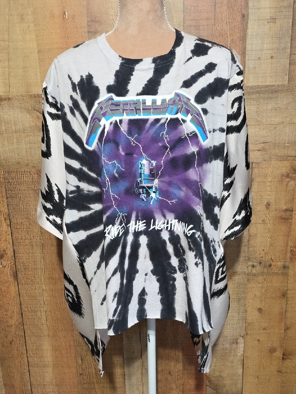 Upcycled Metallica 'Ride the Lightning' Black & White Tie-Dye BoHo Poncho Styled